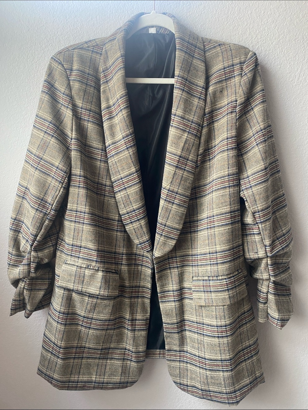 SHEIN Tan Plaid Shawl-Collar Blazer